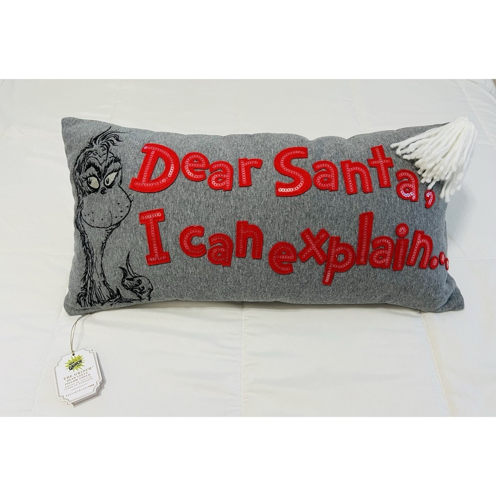 Pottery Barn Dr. Seuss The Grinch Dear Santa Christmas Holiday Pillow Sz 12x24in